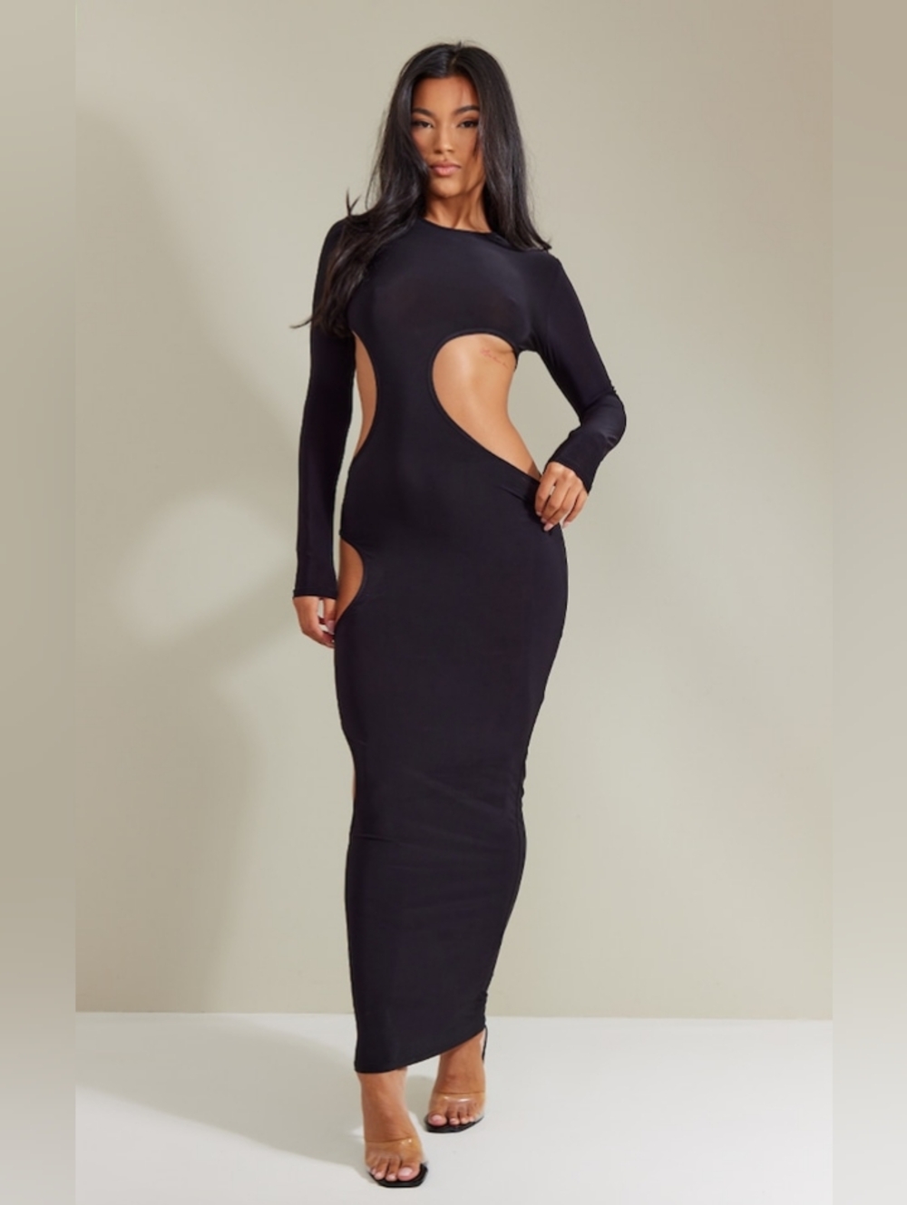 Akira Full Length Long Sleeve Black Maxi Dress - Bodycon Keyhole Side Cut-Outs - Picture 5 of 9